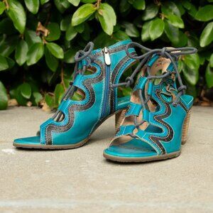 Turquoise leather lace-up heeled sandals